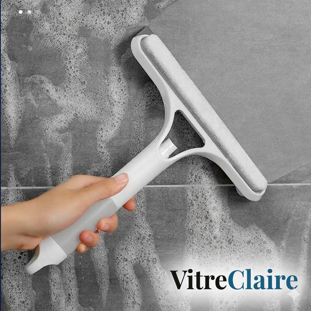 Nettoyeur vitres 3-en-1 en utilisation sur miroir salle de bain